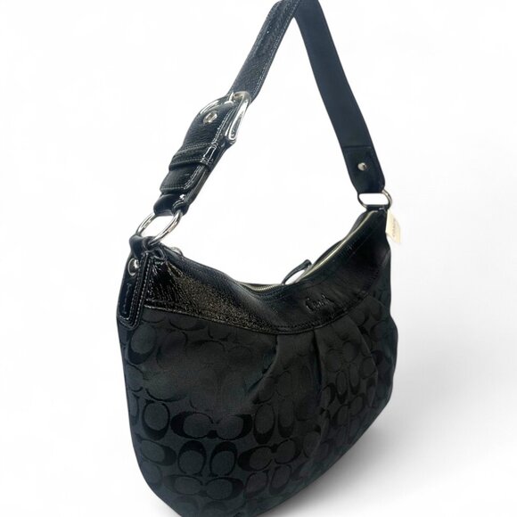 Coach Signature Pleated Black Monogram Canvas Shoulder Bag - Picture 3 of 11